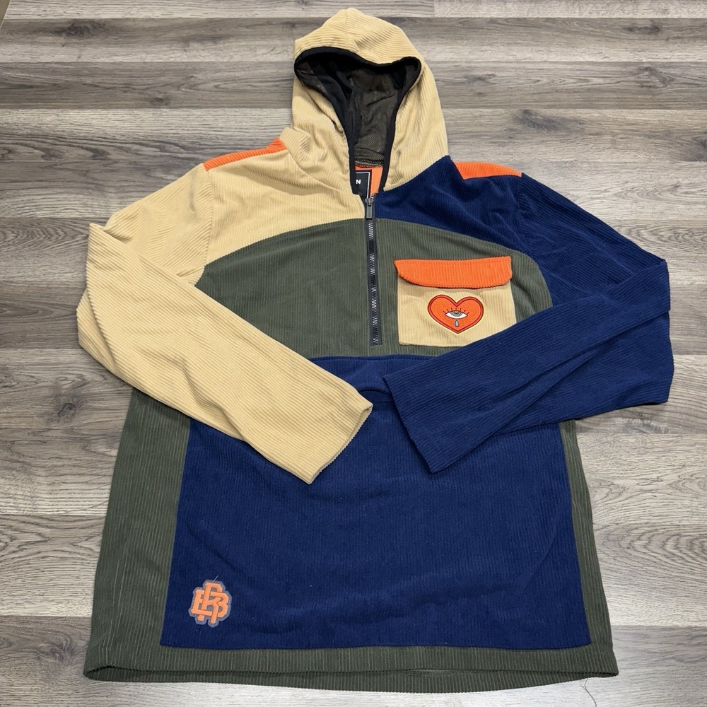 REASON Large Pocket Hoodie MED Corduroy Mens Colorblock Olive Navy Tan Orange